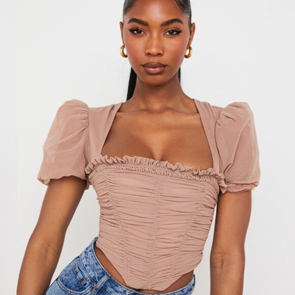House of CB Tops - House of CB 'Noura' Tan Mesh Puff Sleeve Gathered Corset NWT